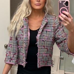 Tibi -Multicolor Tweed Jacket Pink Fringe Trim Zip Front Blazer Size L